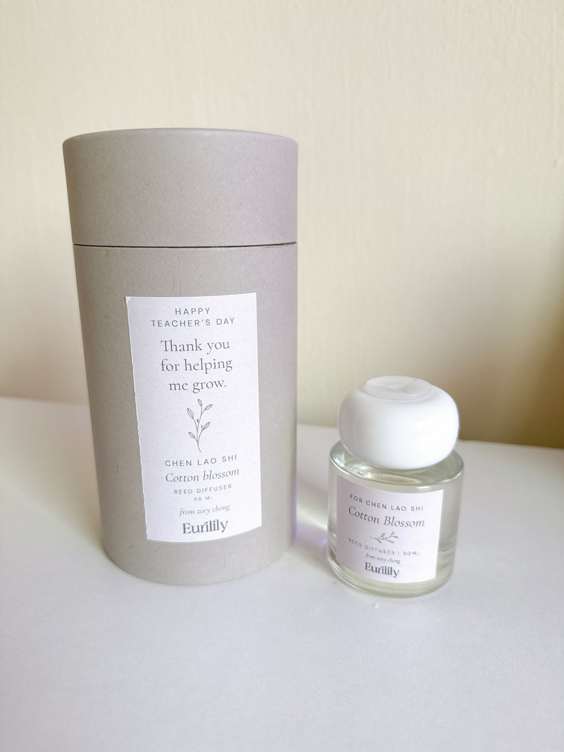 A personalised Cotton Blossom reed diffuser created as a Teachers’ Day gift