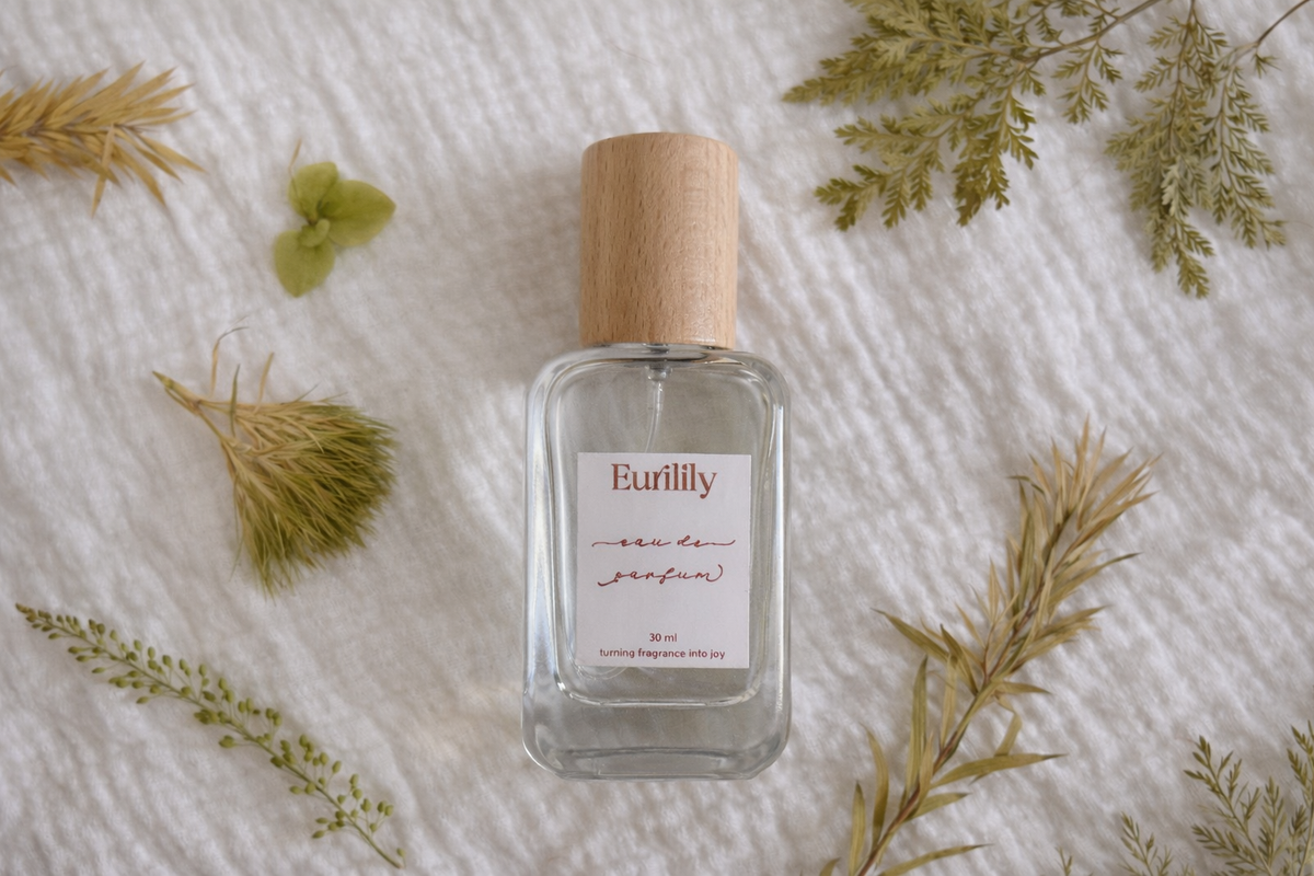 Personalised perfume bottle surrounded by dried botanicals