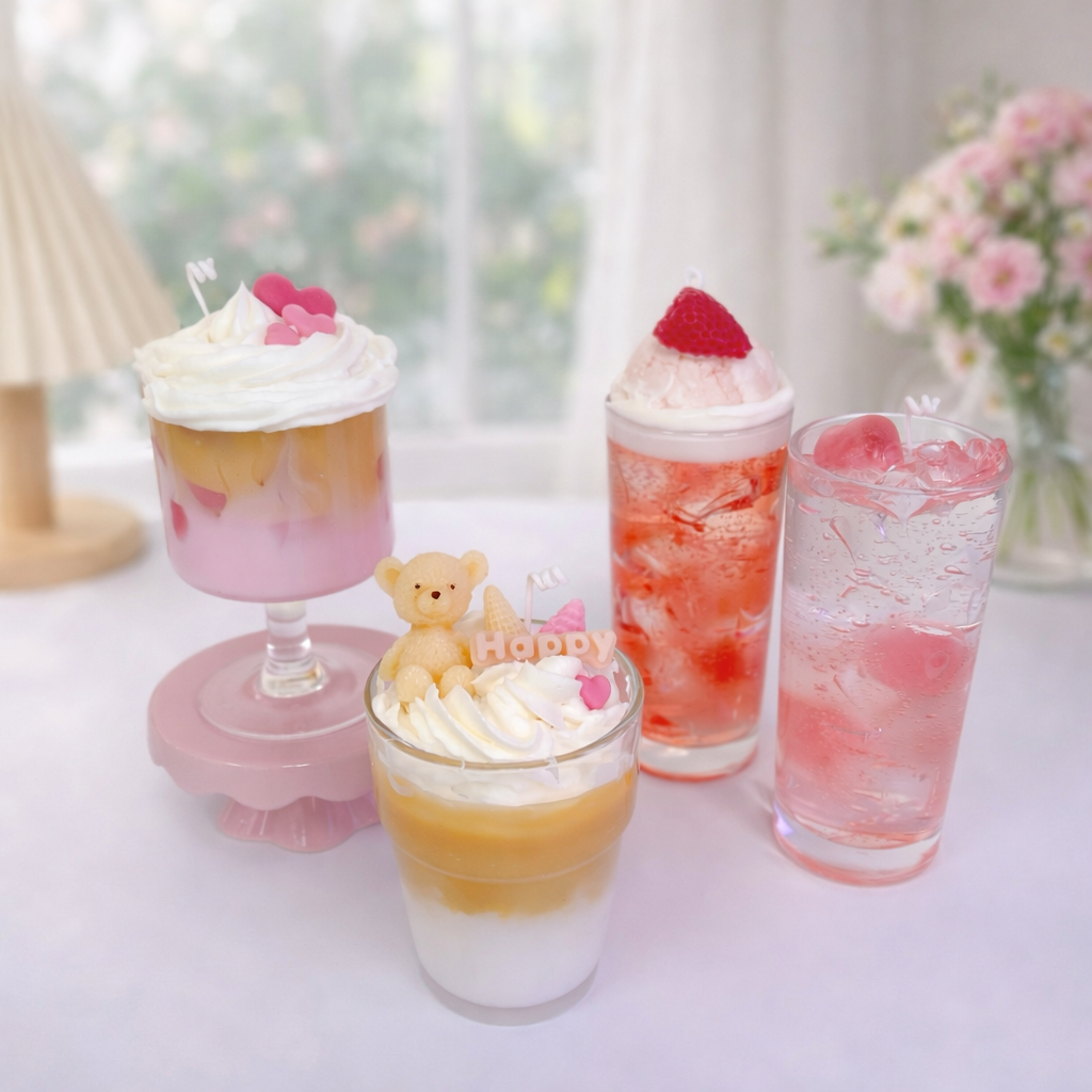 A pastel collection of drink-inspired candles in pink and yellow