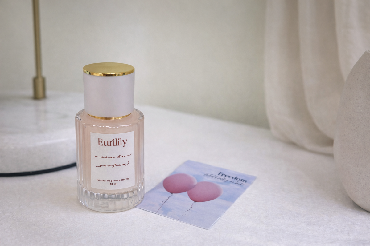 Personalised perfume bottle beside reflection cards for My Scented Story